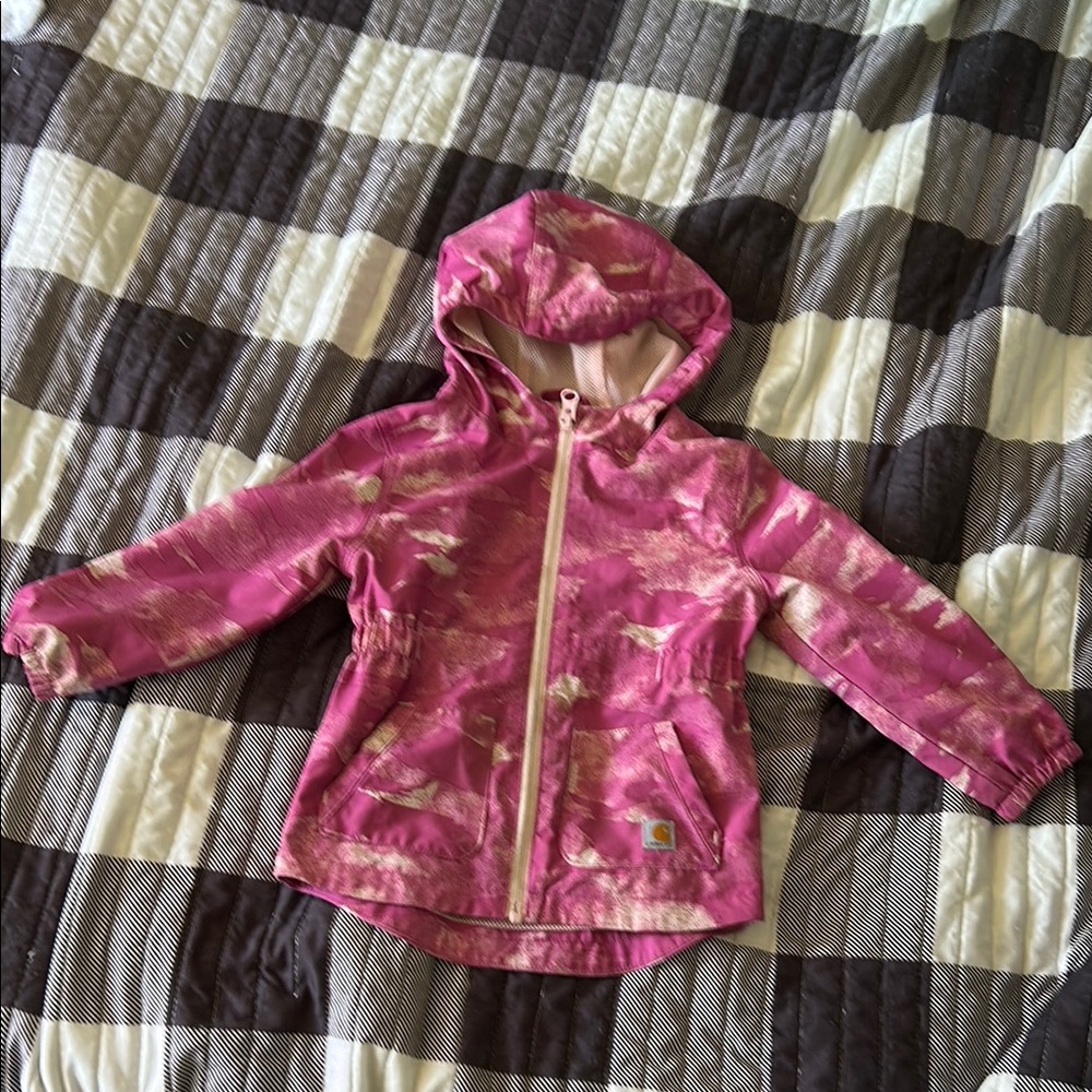 Carhartt Pink and White Hooded Raincoat with Water-Resistant Finish